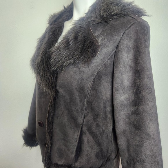 Y2k‎ Penny Lane Faux Fur trimmed coat Dark Brown XL Retro Bohemian - Picture 2 of 9
